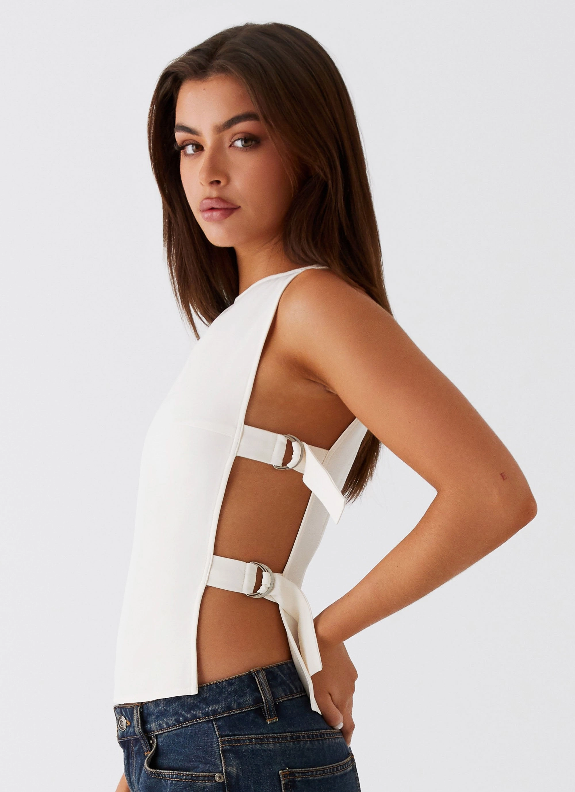 StretchMaterial Cherish You Buckle Top - White