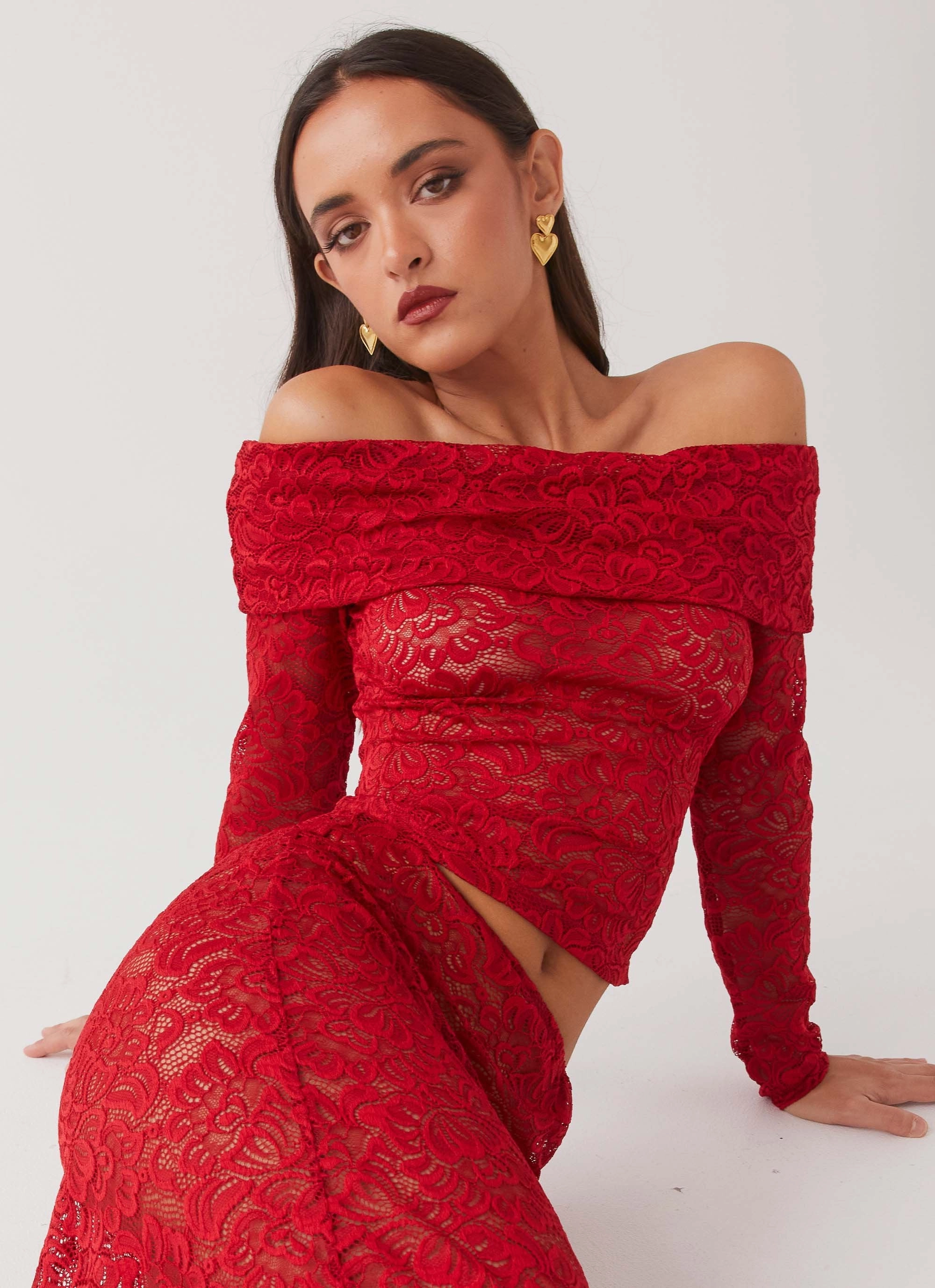 Zephyra Lace Long Sleeve Top - Red High Collar Protection Design