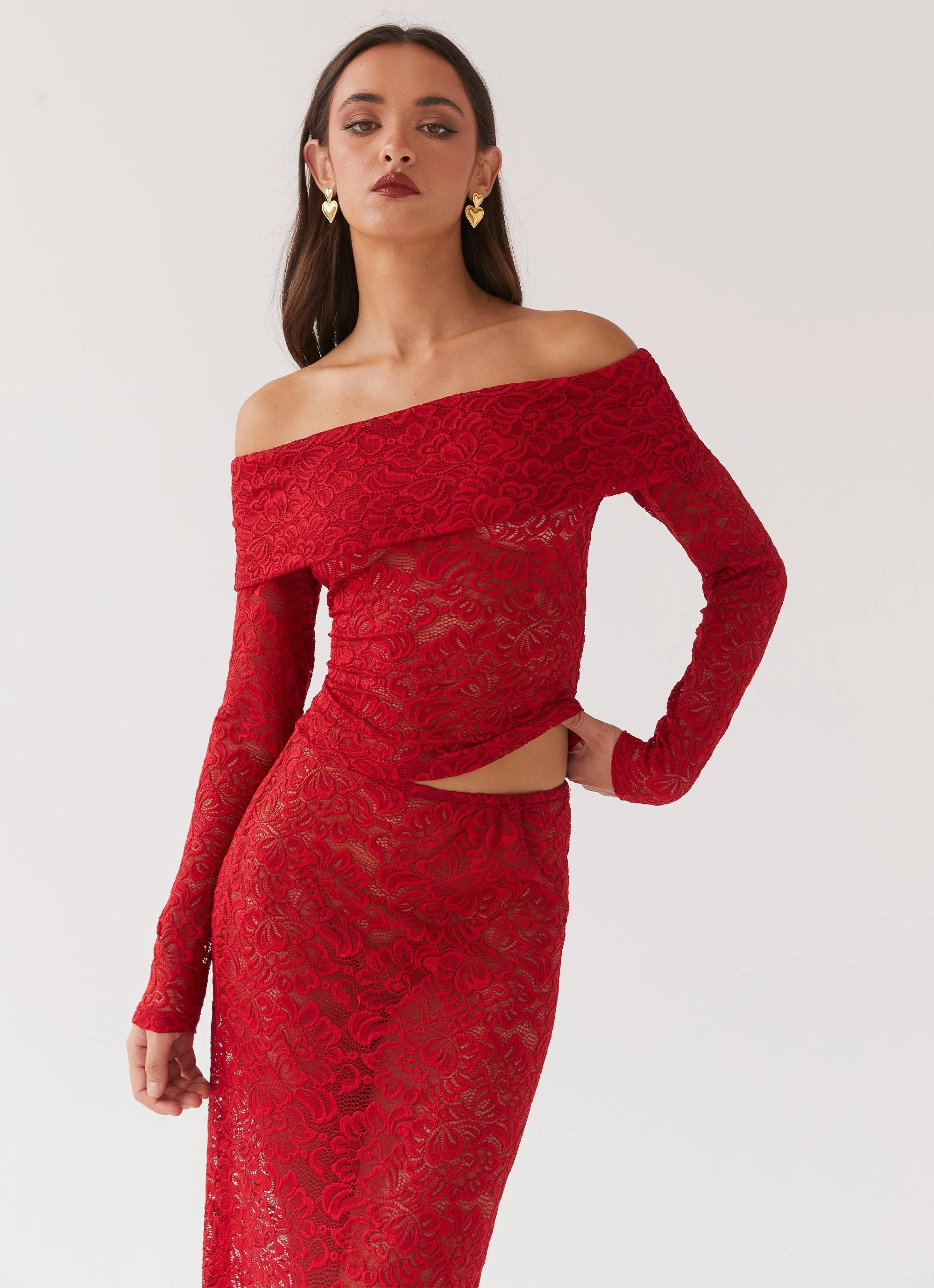 Resilient Elasticity Zephyra Lace Long Sleeve Top - Red