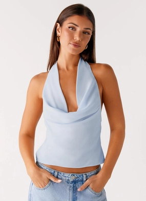 Non Restrictive Torso Cut Charli Cowl Top - Blue Double Needle Stitching Charli Cowl Top - Blue