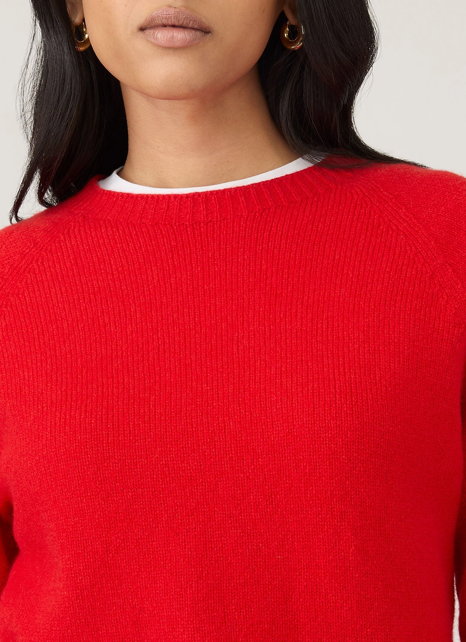 Women's Lambswool Crew Neck Jumper in Bright Red Ribbed Trim
