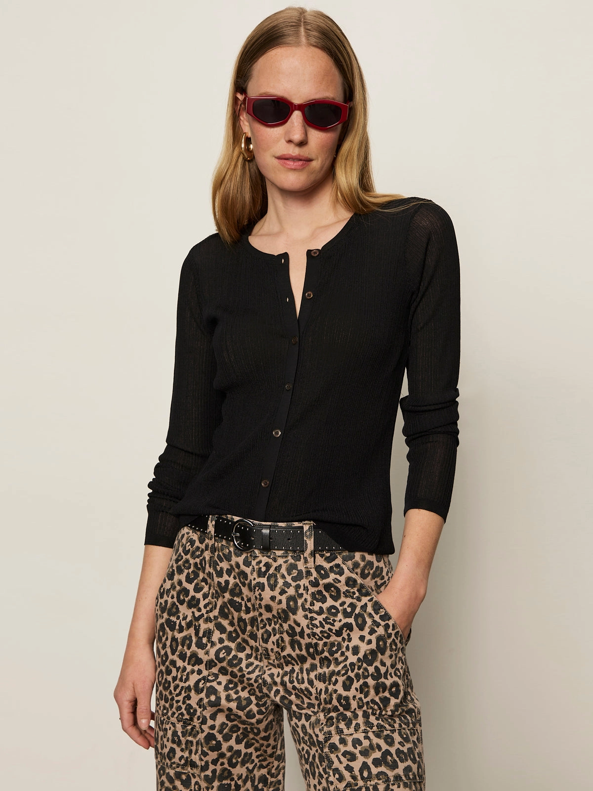 Lightweight Ribbed Cardi Black Neutral Colors