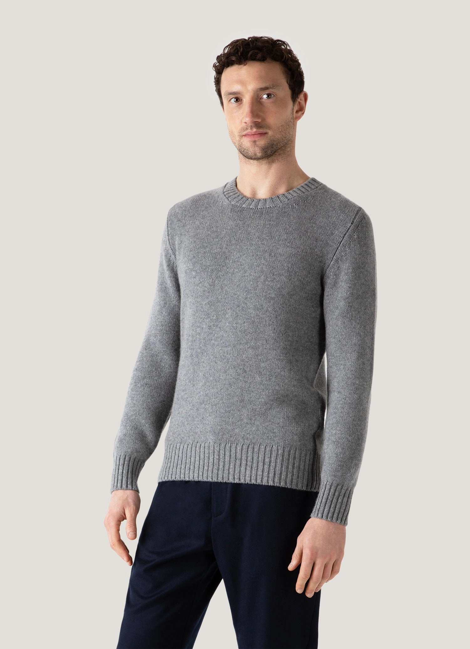 Men's Roxburgh Cashmere Jumper in Mid Grey Melange Skin Friendly Stitch