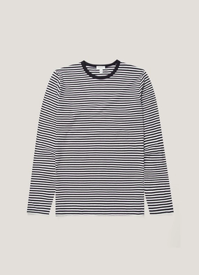 NonScratchy Seams Men's Classic Long Sleeve T-shirt in Navy/White English Stripe Antibacterial Treatment Boat neck style Men's Classic Long Sleeve T-shirt in Navy/White English Stripe