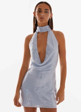 Nora Sequin Cowl Neck Mini Dress - Blue Comfort Style Look NoiseFreeFabric Sophisticated Waist Fit Nora Sequin Cowl Neck Mini Dress - Blue