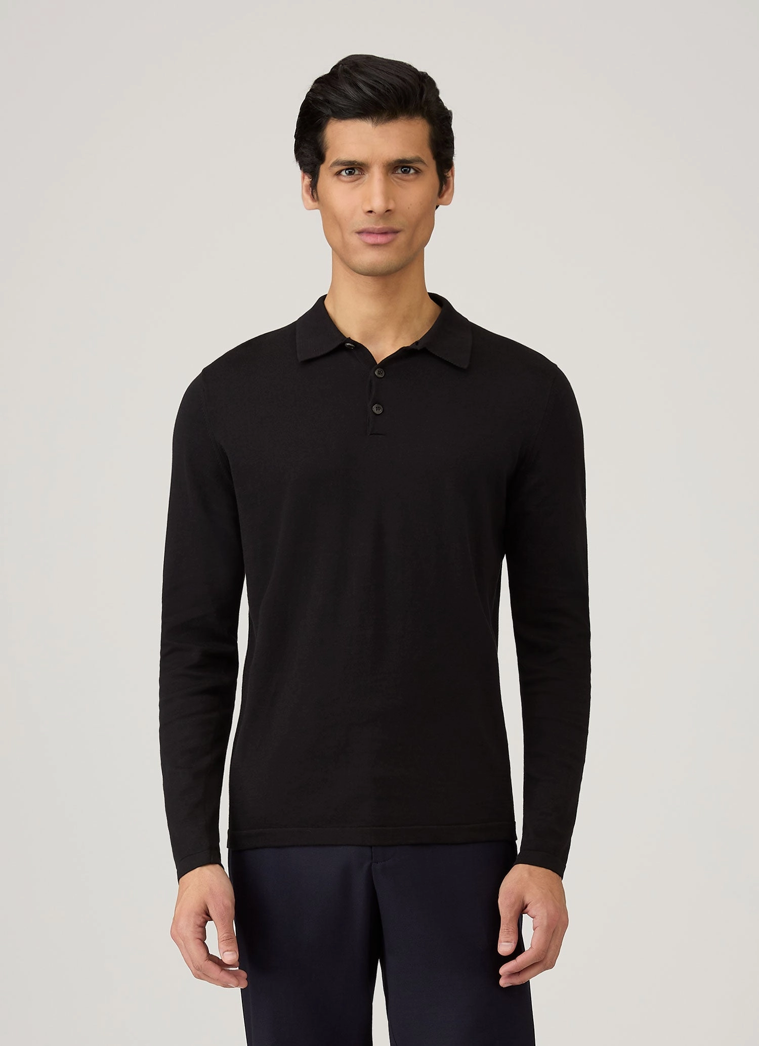 Men's Long Sleeve Sea Island Cotton Knit Polo Shirt in Black PreShrunk Cotton Blend Comfort Layer