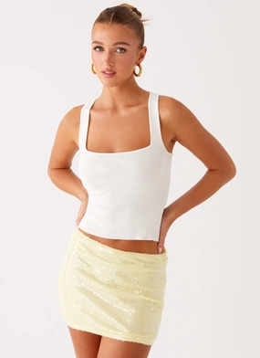 Nostalgic Nights Sequin Mini Skirt - Lemon Spritz Adjustable Waistbands Nostalgic Nights Sequin Mini Skirt - Lemon Spritz Chic Tones Outfit Game