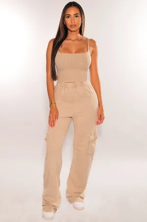 Nude Acid Wash Ribbed Spaghetti Strap High Waist Cargo Sweatpants Two Piece Set