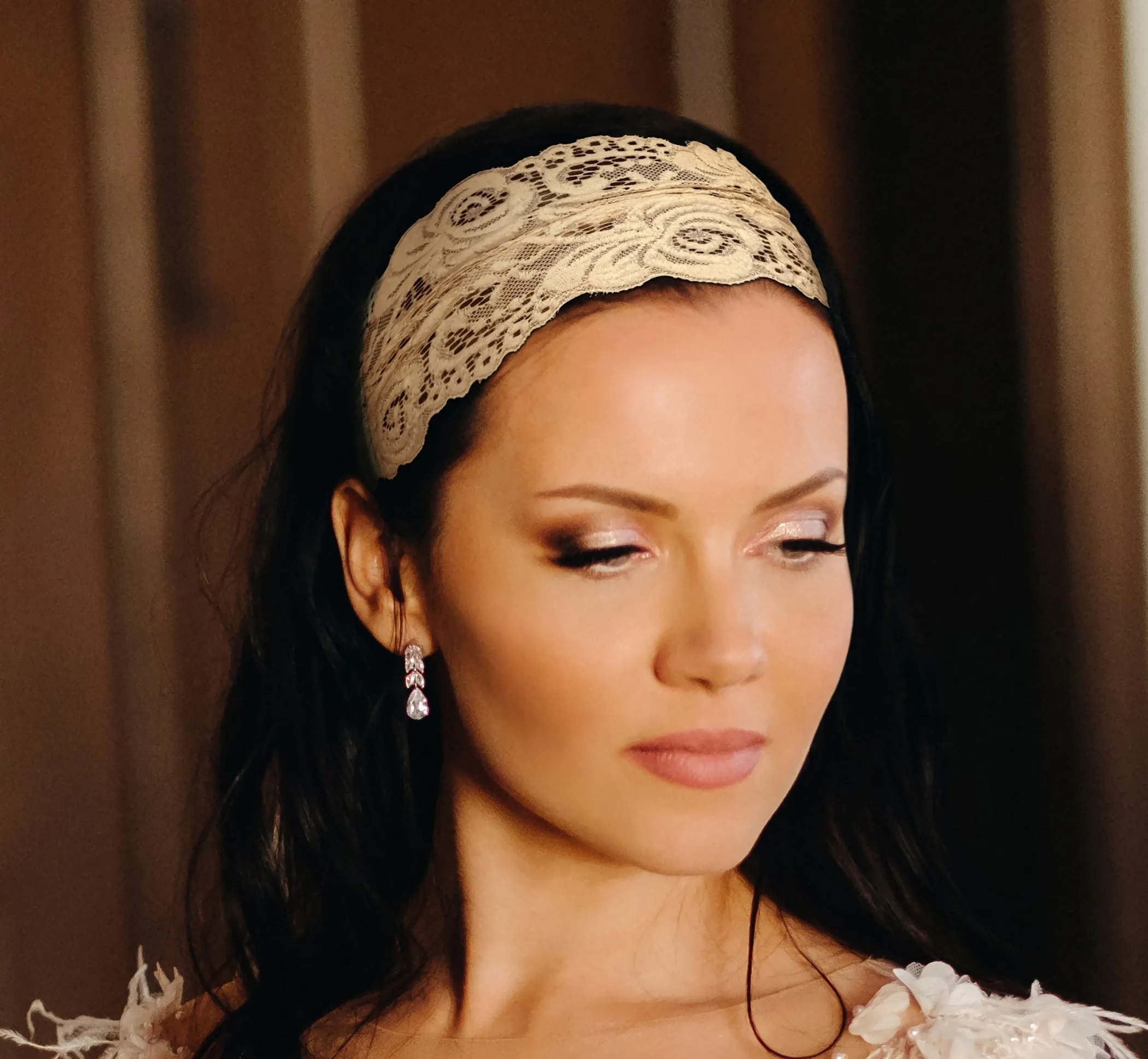 Nude beige floral lace headband