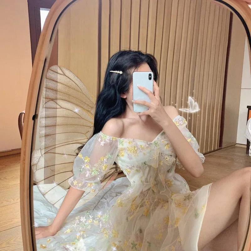 Nukty Summer Women Floral Fairy Mini Dress Slash Neck Puff Sleeve Embroidery Flower Mesh Dress French Romantic Feminine Dress