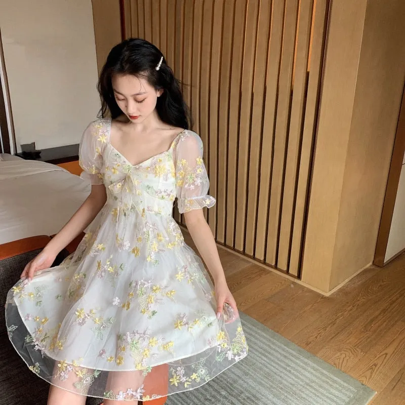Nukty Summer Women Floral Fairy Mini Dress Slash Neck Puff Sleeve Embroidery Flower Mesh Dress French Romantic Feminine Dress