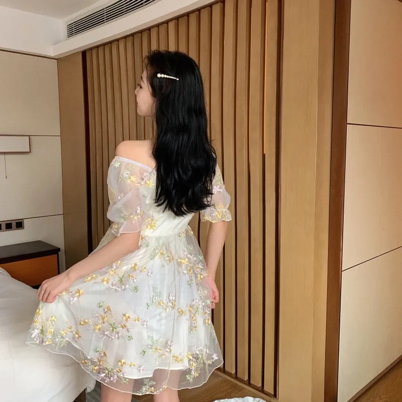 Nukty Summer Women Floral Fairy Mini Dress Slash Neck Puff Sleeve Embroidery Flower Mesh Dress French Romantic Feminine Dress