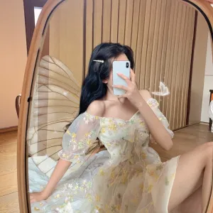 Nukty Summer Women Floral Fairy Mini Dress Slash Neck Puff Sleeve Embroidery Flower Mesh Dress French Romantic Feminine Dress