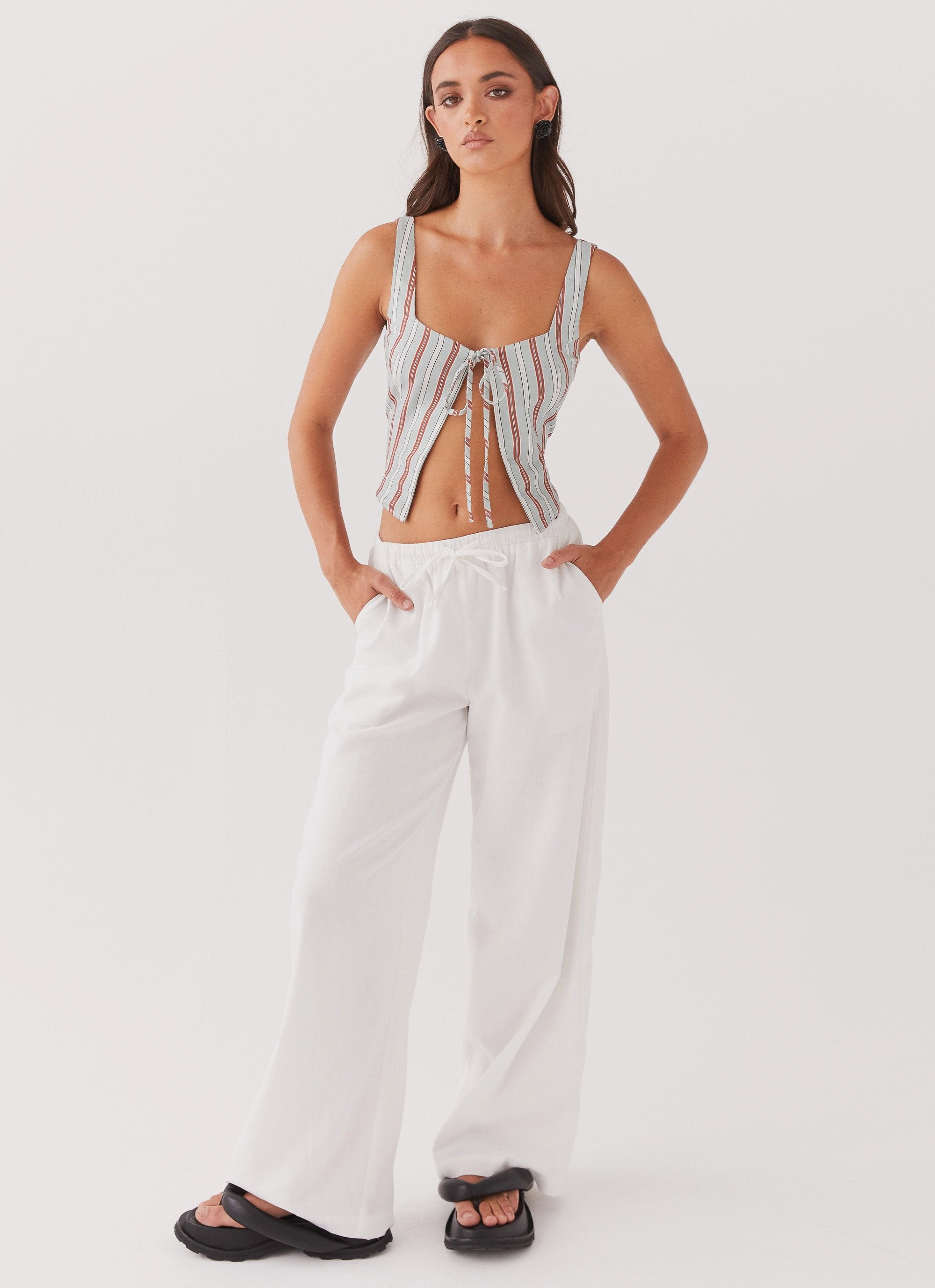 Hydrophobic Threadwork Layered Panel Design Oasis Dreams Linen Tie Top - Coastal Stripe