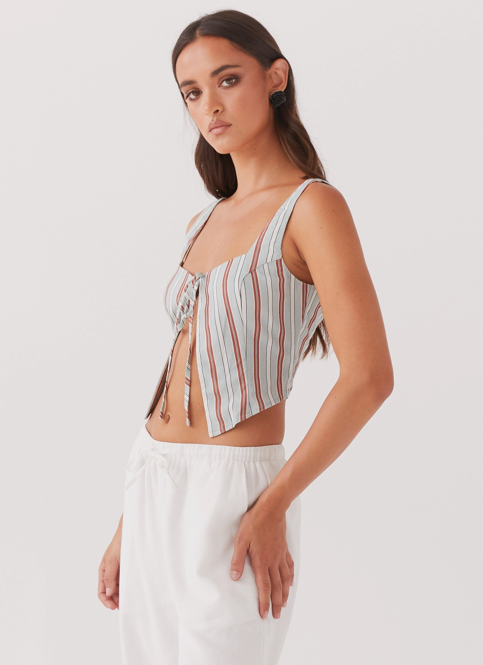 WindproofBarrierTechnology Sun Protection Fabric Oasis Dreams Linen Tie Top - Coastal Stripe