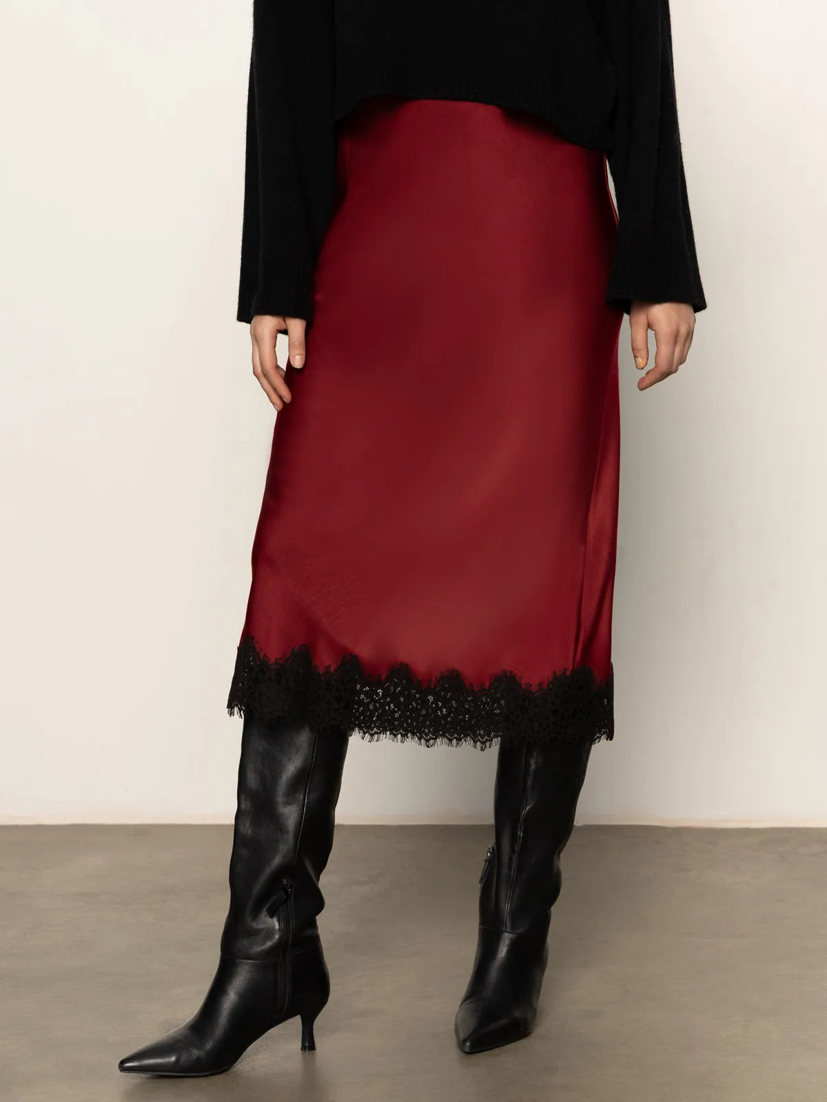 Slip Skirt With Lace Crimson Draped Design Front Slit