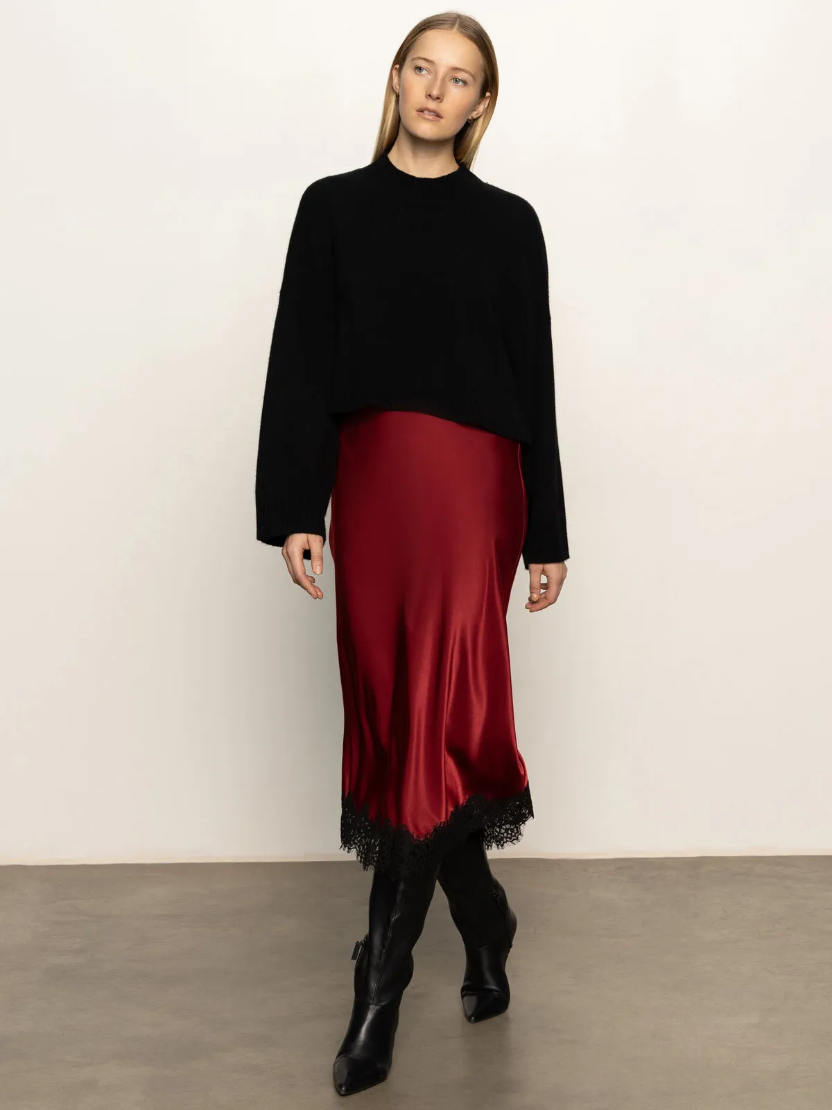 Oversized style Winter Staple Slip Skirt With Lace Crimson
