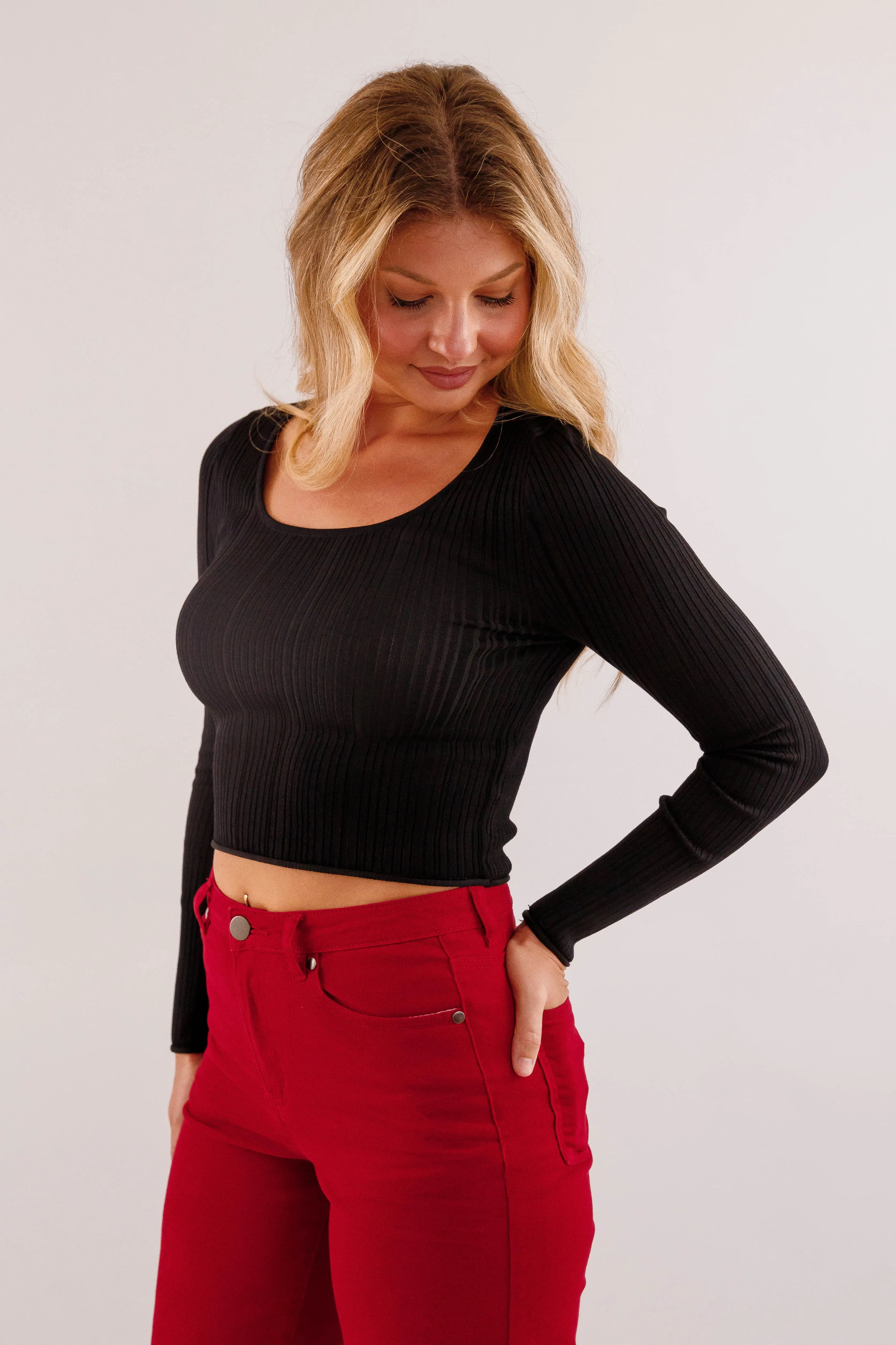 Easy Wear Sweet Sentiments Ribbed Top-Black