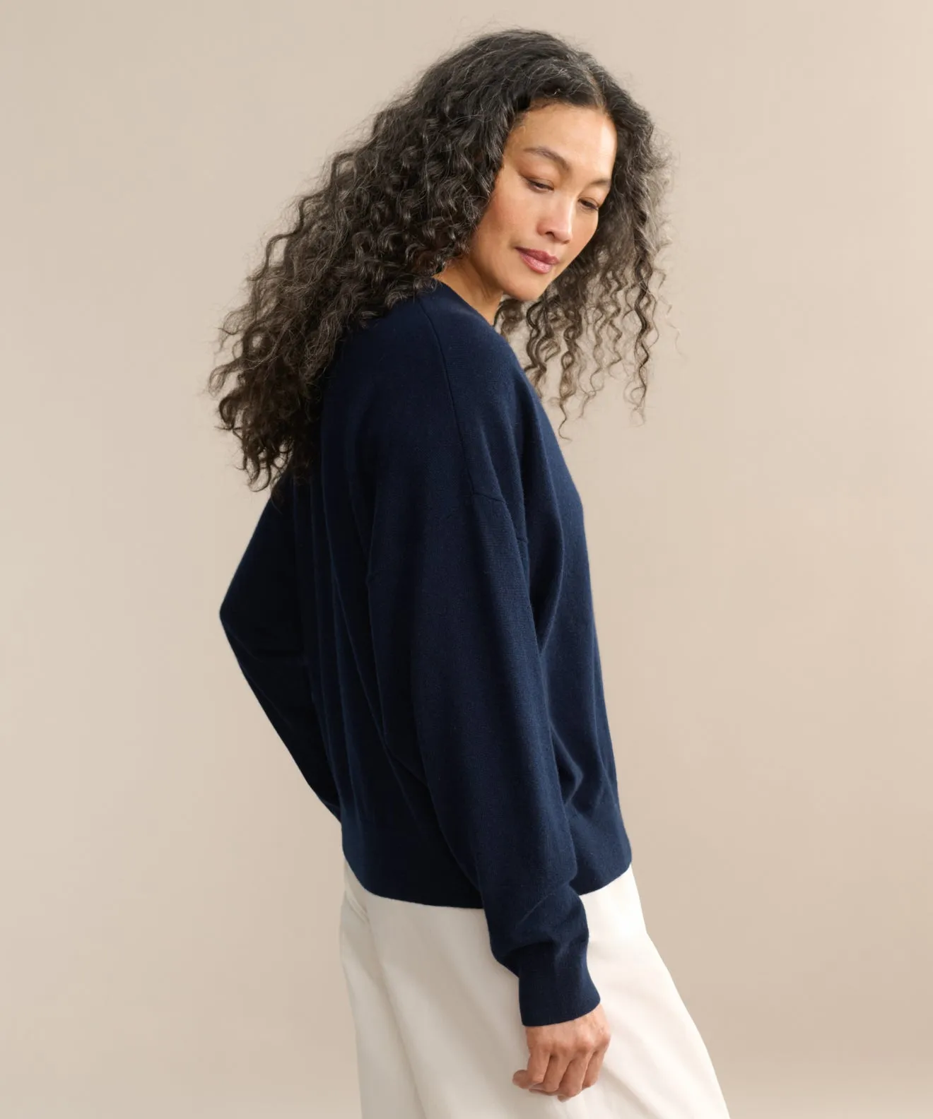 Layered Placket Design Cashmere Marina Crewneck