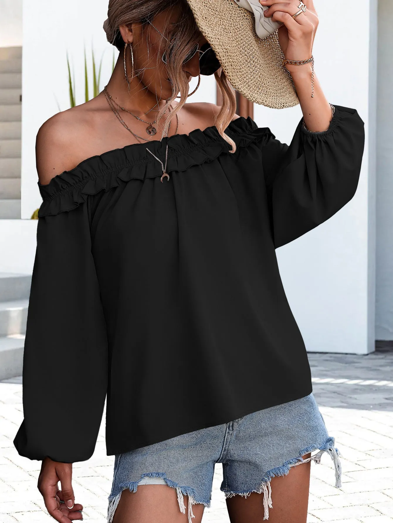 Off Shoulder Long Sleeve Top #159414