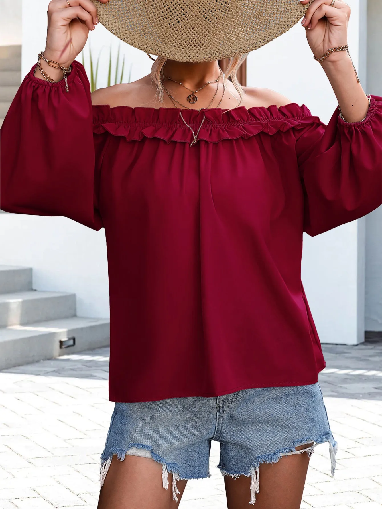 Off Shoulder Long Sleeve Top #159414