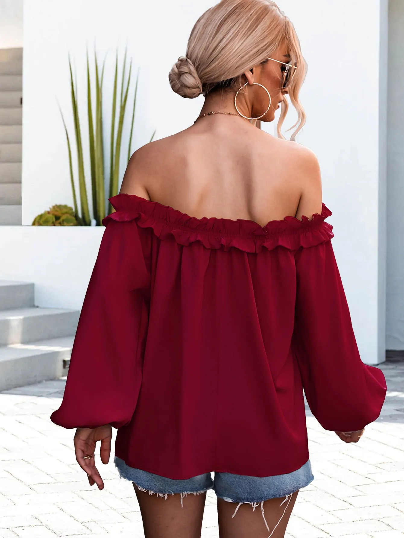 Off Shoulder Long Sleeve Top #159414