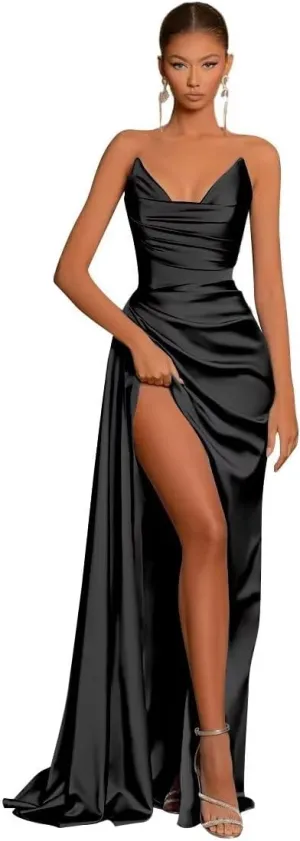 Off Shoulder Satin Bridesmaid Dresses for Women Mermaid Sleeveless Pleated Prom Evening Dresses