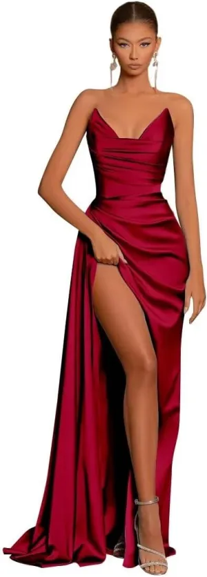Off Shoulder Satin Bridesmaid Dresses for Women Mermaid Sleeveless Pleated Prom Evening Dresses