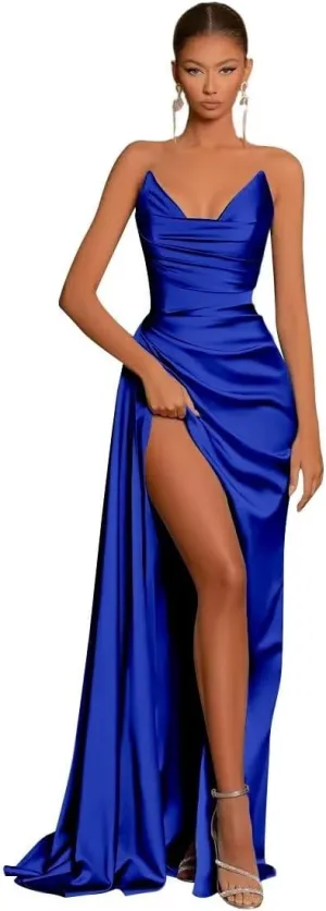 Off Shoulder Satin Bridesmaid Dresses for Women Mermaid Sleeveless Pleated Prom Evening Dresses