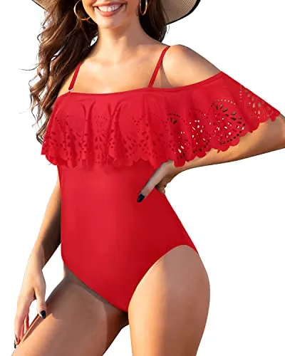 Off Shoulder Swimsuits Tummy Control One Piece Bathing Suits Ruffle Swimwear-Red