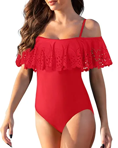 Off Shoulder Swimsuits Tummy Control One Piece Bathing Suits Ruffle Swimwear-Red