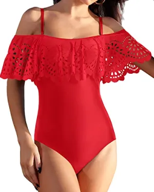 Off Shoulder Swimsuits Tummy Control One Piece Bathing Suits Ruffle Swimwear-Red