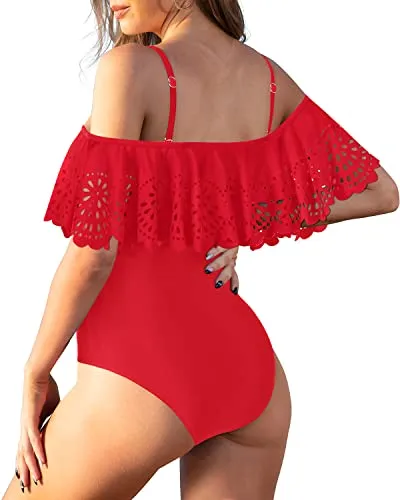 Off Shoulder Swimsuits Tummy Control One Piece Bathing Suits Ruffle Swimwear-Red
