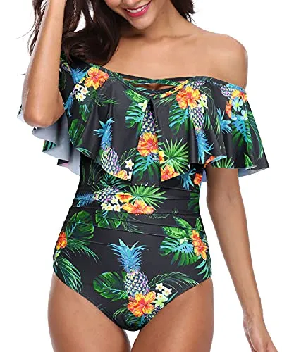 Off Shoulder Tummy Control One Piece Swimsuits For Women-Black Pineapple