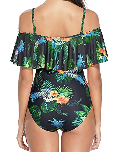 Off Shoulder Tummy Control One Piece Swimsuits For Women-Black Pineapple