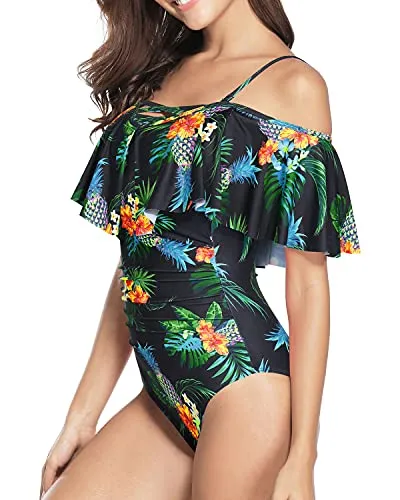 Off Shoulder Tummy Control One Piece Swimsuits For Women-Black Pineapple