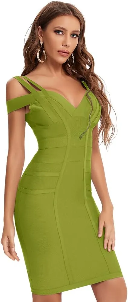 Off Shoulder V Neck Bodycon Bandage Dresses for Women