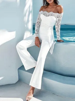 Off-The-Shoulder Lace White Casual Slim Jumpsuit