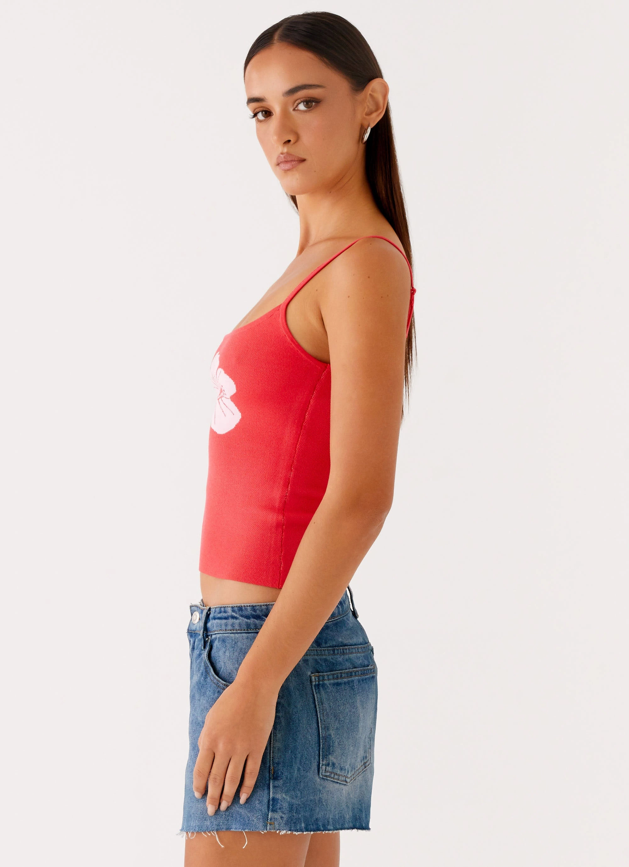 MoistureWickingTechnology Flexible Ribbed Cuffs Ofira Knit Tank Top - Red Floral