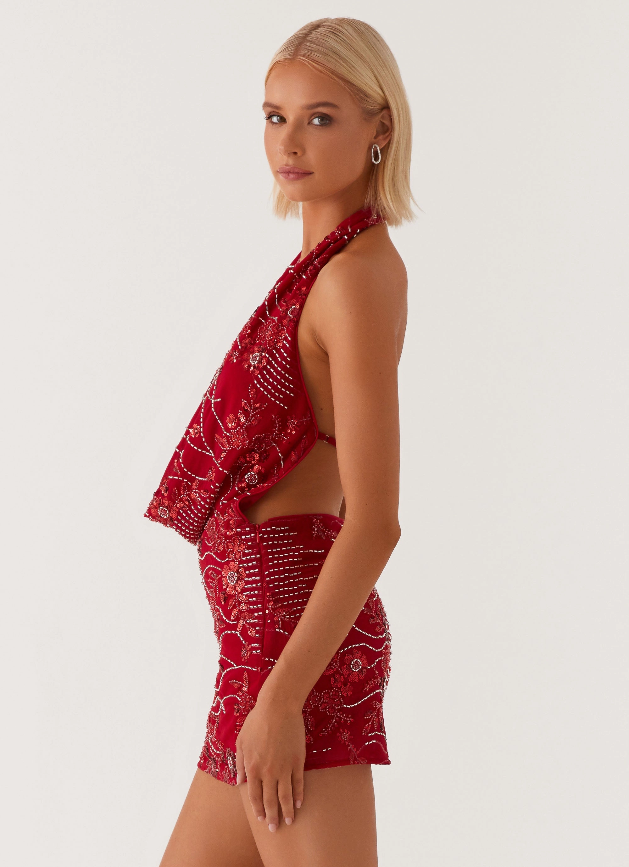 Olisa Cowl Neck Beaded Mini Dress - Red Fashionable And Functional