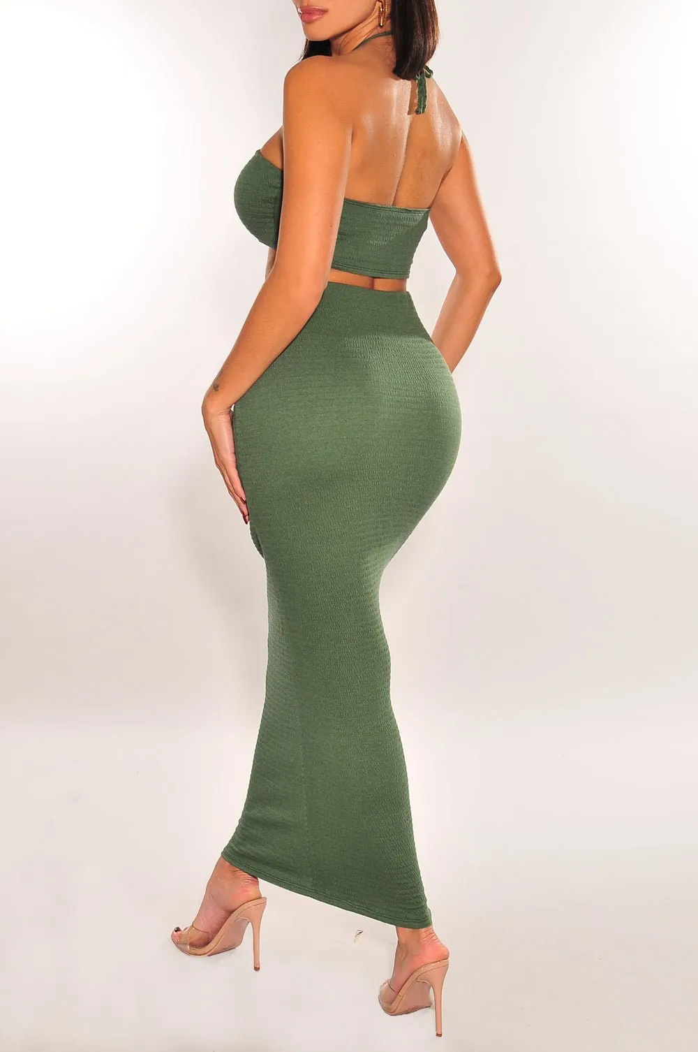 Olive Green Smocked Halter Ruched High Waist Skirt Two Piece Set
