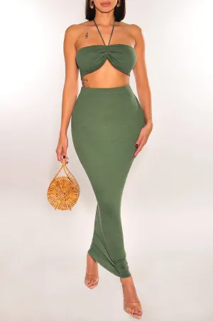 Olive Green Smocked Halter Ruched High Waist Skirt Two Piece Set