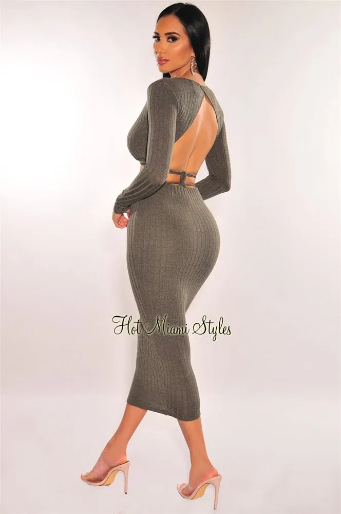 Olive Ribbed Knit Wrap Around Skirt Two Piece Set