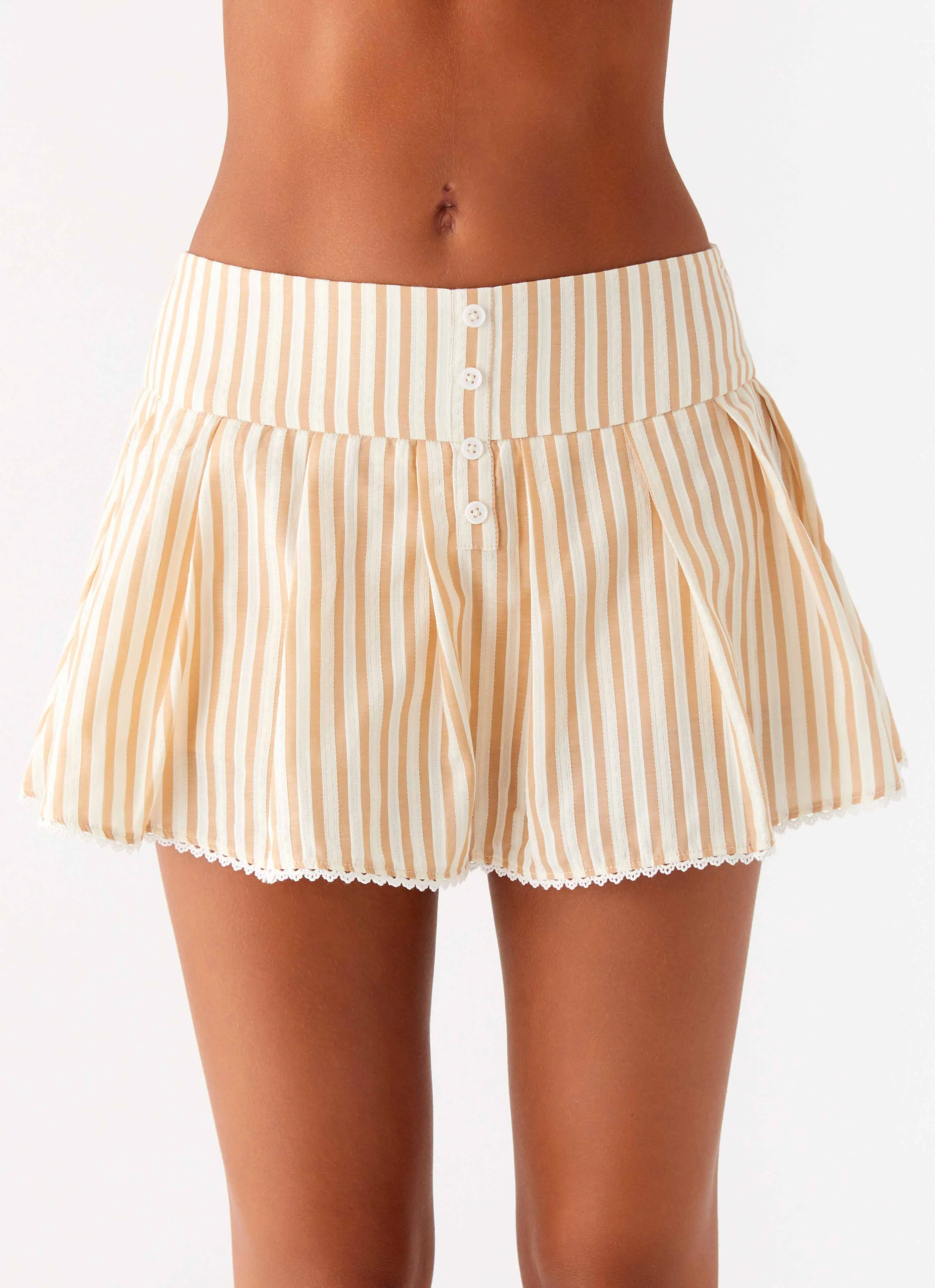 Oliviana Pleated Mini Skort - Taupe Stripe Flattering Comfort Comfy Flex