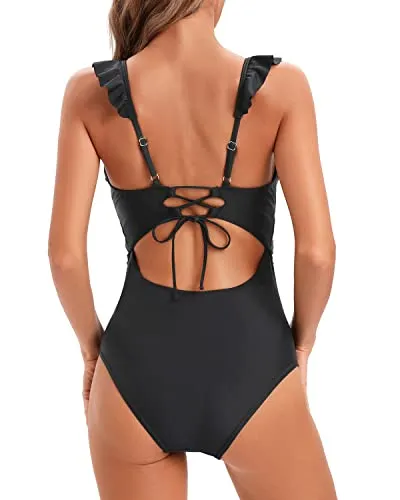 One Piece Bathing Suit with Ruffled V Neck Women's Tummy Control Swimwear