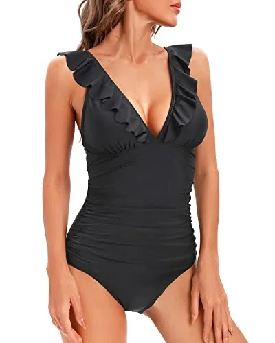 One Piece Bathing Suit with Ruffled V Neck Women's Tummy Control Swimwear