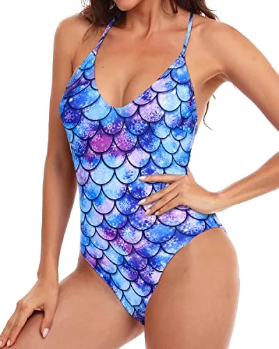 One Piece Scoop Neck High Cut Swimsuits Retro Criss Cross Swimwear