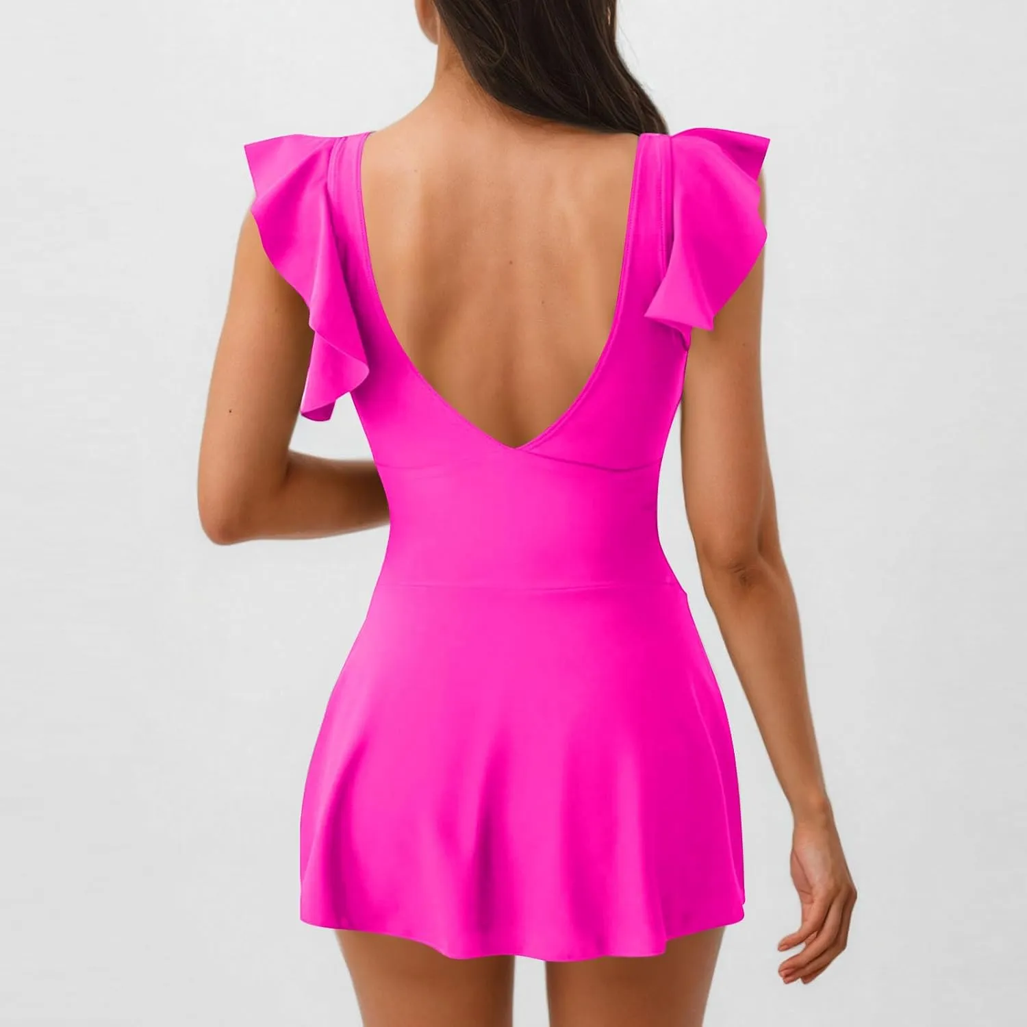 One Piece Swimsuit Women Tummy Control Bathing Suit Ruffle Trim Twist Front Backless Swimdress with Built in Bottoms