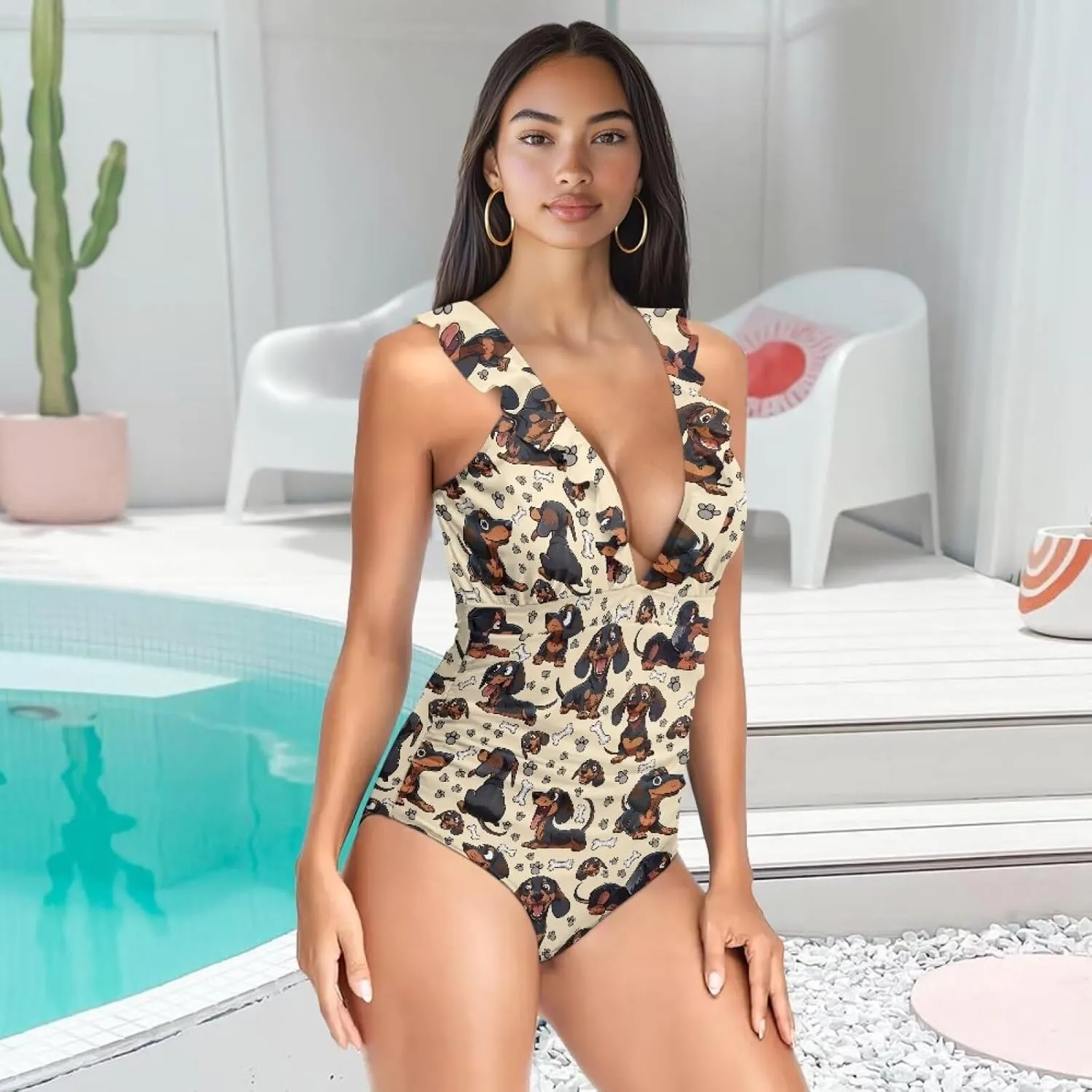 One Piece Swimsuit Women Tummy Control Bathing Suit Ruffle V Neck Swimwear High Waisted Slimming Swimwear