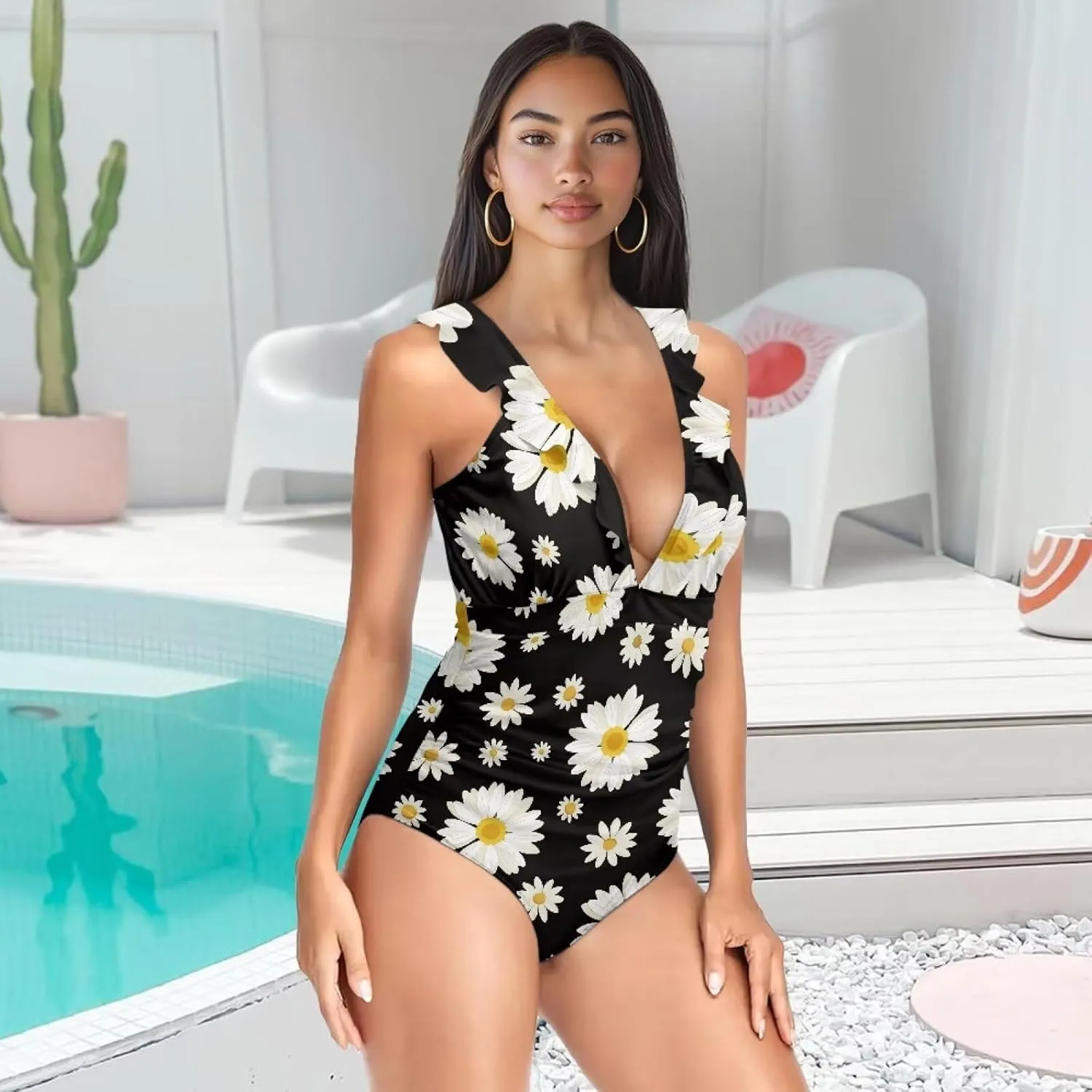 One Piece Swimsuit Women Tummy Control Bathing Suit Ruffle V Neck Swimwear High Waisted Slimming Swimwear